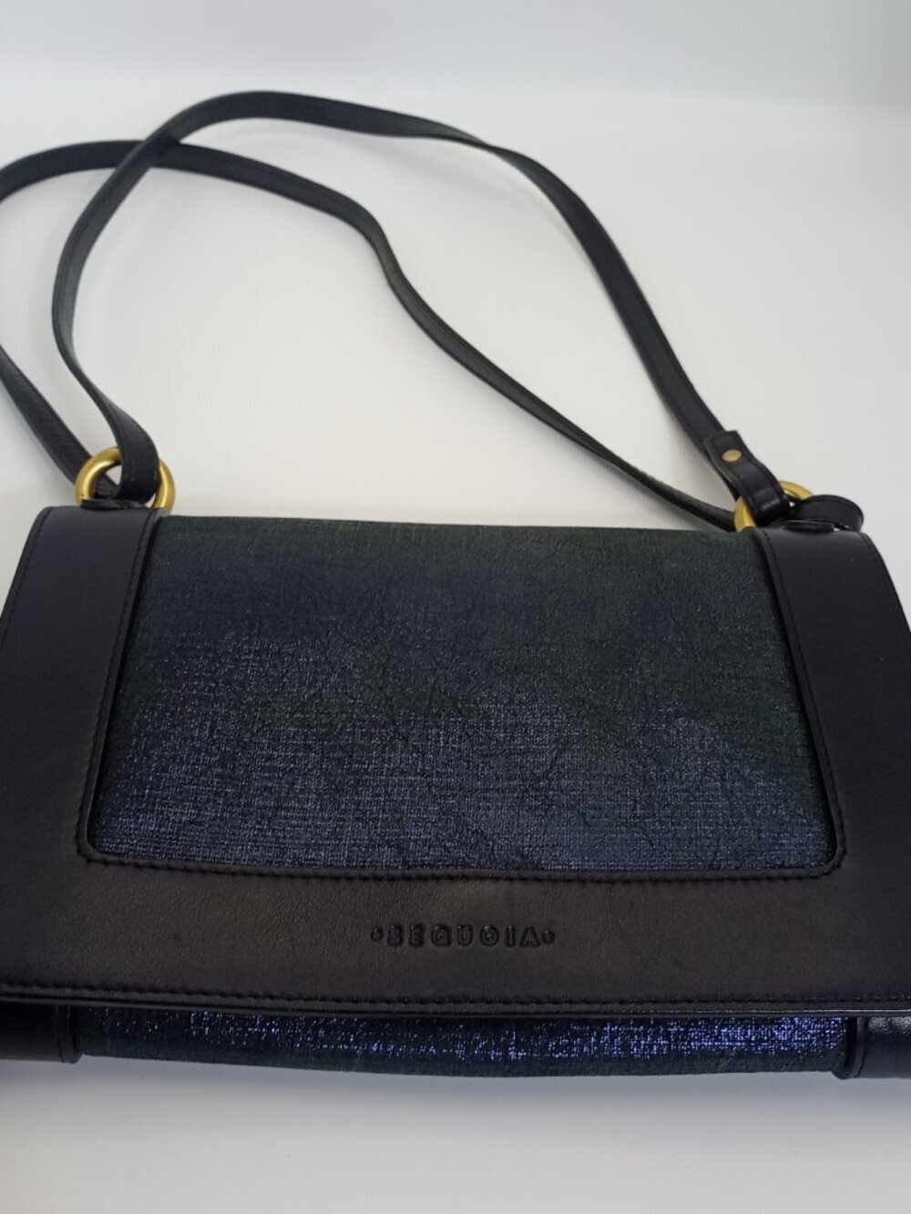 Sequoia Paris Black Leather Shoulder Bag Blue Shimmer Flap Designer Handbag